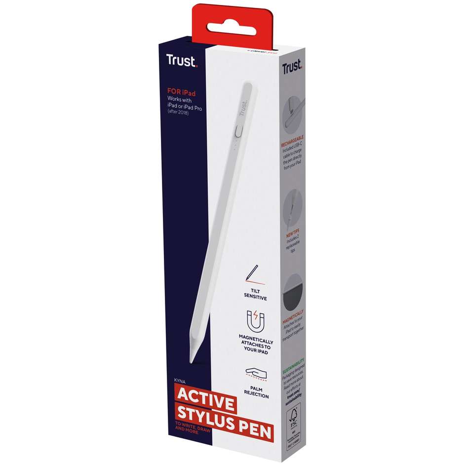 Trust Kyna (25191) Penna Stilo Capacitiva Ricaricabile per Tablet e Touchscreen Punta 1.5mm Bianco