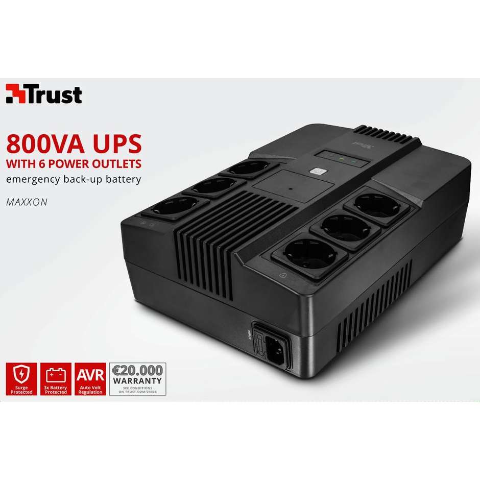 Trust Maxxon 800VA (23326) Gruppo di Continuità UPS 480W con 6 Prese Schuko e Protezione AVR Nero