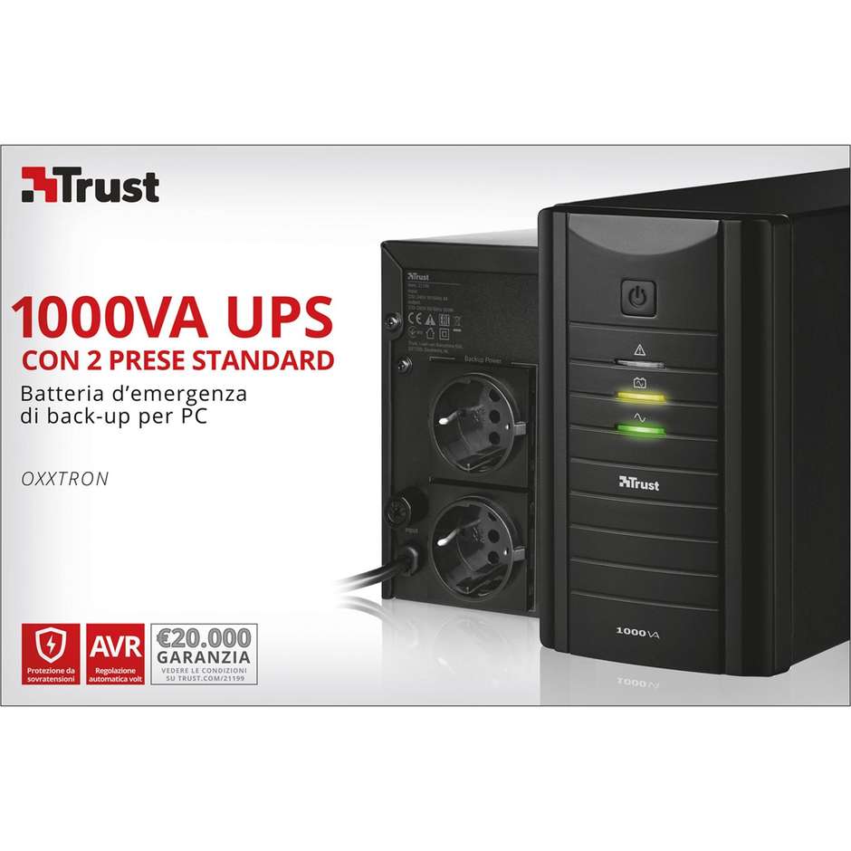 Trust Oxxtron 1000VA UPS con 2 prese tipo F, nero