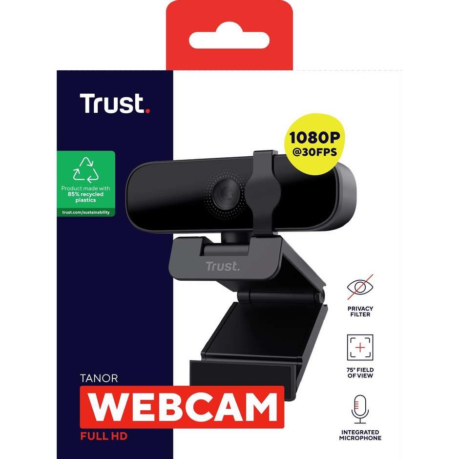 Trust Tanor (25548) Webcam Full HD 1080p con Doppi Microfoni Stereo e Otturatore Privacy Nero