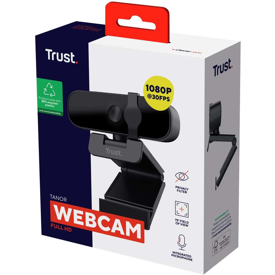 Trust Tanor Webcam Full HD 1080p con Microfono Integrato e Otturatore Privacy Clip USB Nero (25548)
