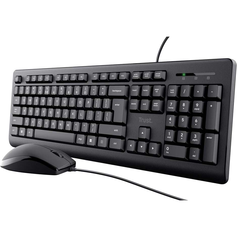 Trust Taro Kit Tastiera Full-Size Silenziosa e Mouse Ottico Ambidestro 1200 DPI Cablati USB Cavo 1.8m Layout Italiano - Nero (23971)