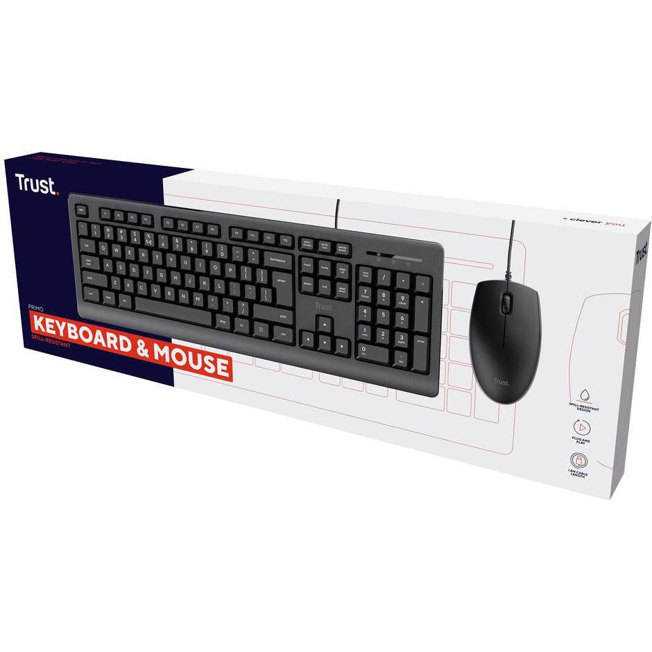 Trust Taro Kit Tastiera Full-Size Silenziosa e Mouse Ottico Ambidestro 1200 DPI Cablati USB Cavo 1.8m Layout Italiano - Nero (23971)