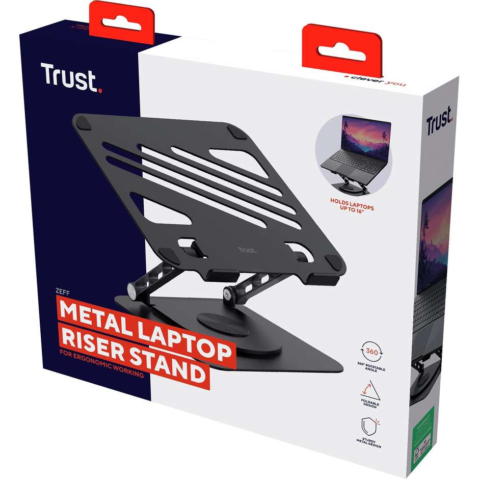 Trust Zeff supporto per notebook fino a 16 pollici, in metallo nero