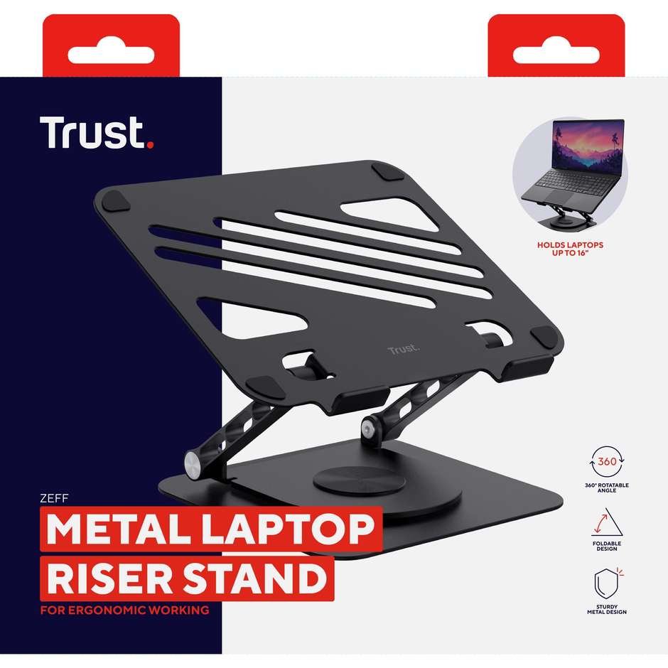Trust Zeff Supporto Rialzo per Computer Portatile fino a 16" Pieghevole in Metallo Portata 10 kg Nero