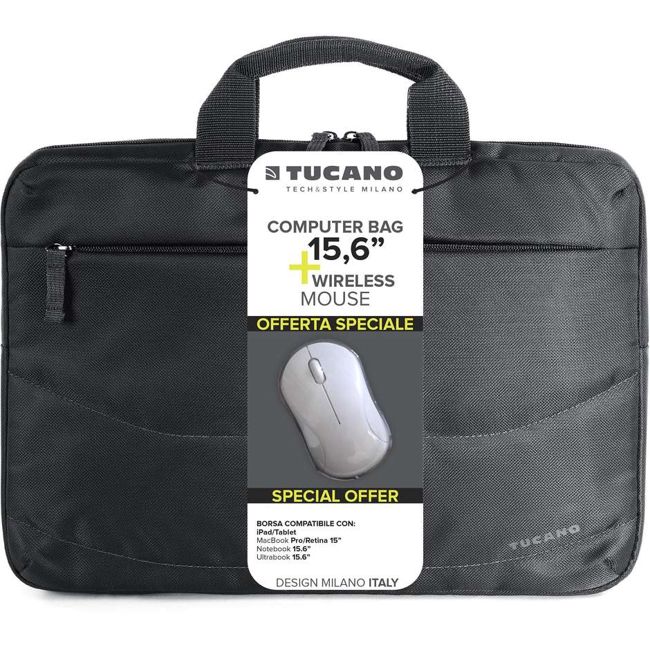 Tucano Idea 15.6" con Mouse Wireless (BUBIDEAWM) Borsa per Notebook Imbottita con Tracolla Nero