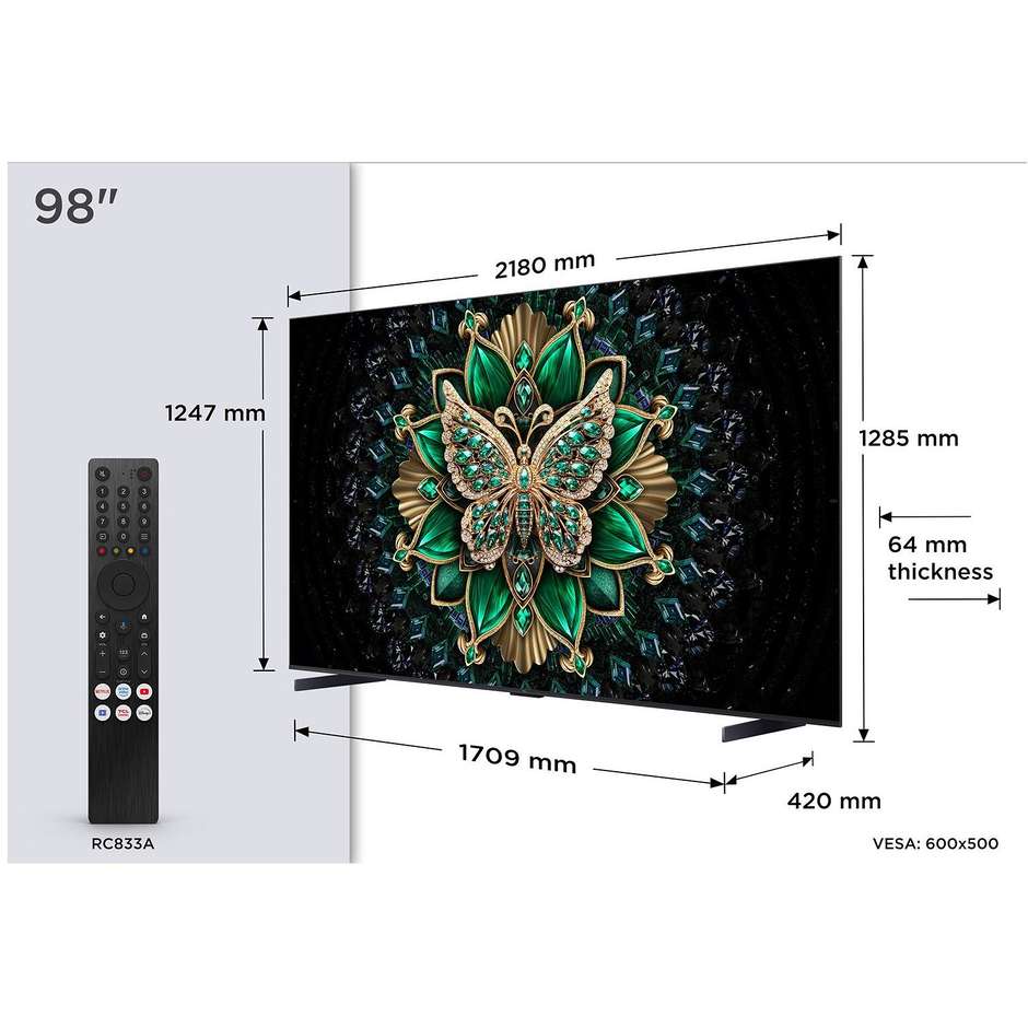 tvc led 98 miniled qd google tv 144 hz pannello o