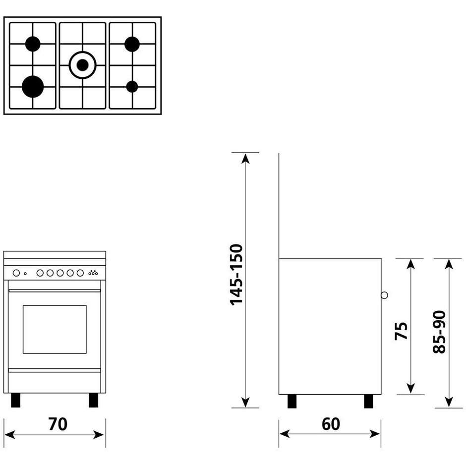 U765VI Glem Gas cucina 70x60 5 fuochi a gas forno a gas ventilato con grill elettrico 64 litri classe A colore inox