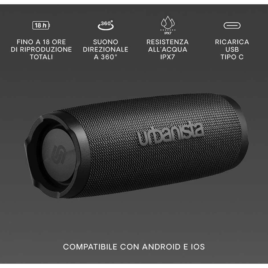 URBANISTA 1037202 Altoparlante Portatile Wireless Bluetooth Impermeabile Protezione IPX7 Colore Black