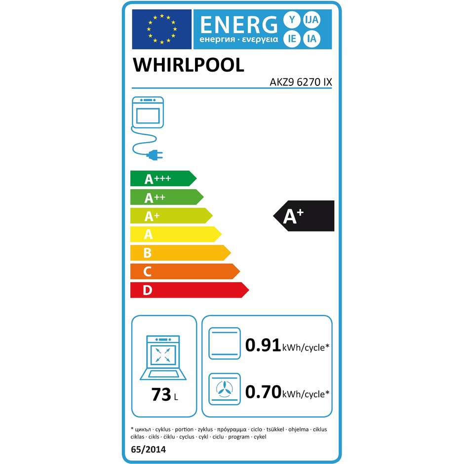 Whirlpool AKZ9 6270 IX forno elettrico da incasso 73 litri classe A+ Pirolitico colore inox