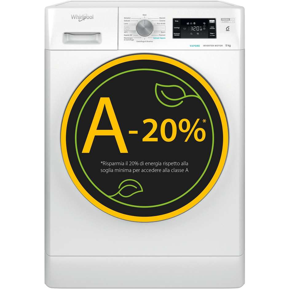 Whirlpool FFB948BSVIT Lavatrice Carica Frontale Capacita 9 Kg 1400 Giri/min Classe A Colore Bianco