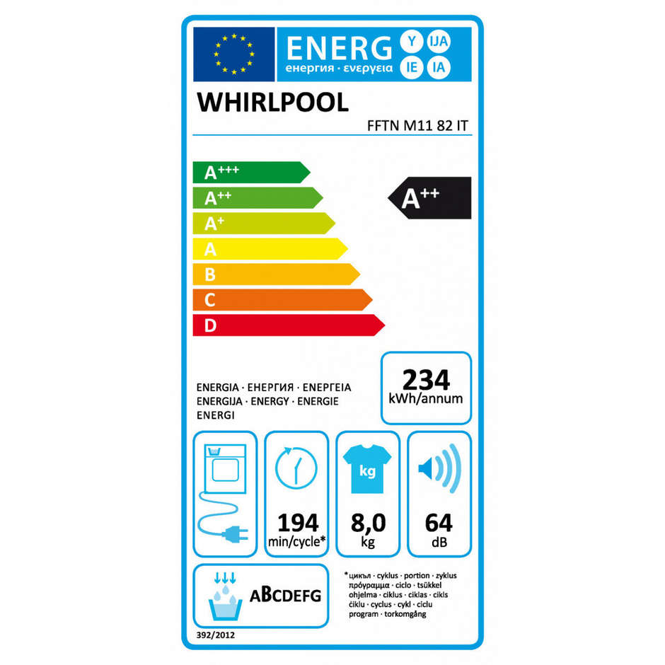 Whirlpool FFTNM1182I Asciugatrici Pompa di Calore Capacità 8 Kg Classe A++ Colore Bianco