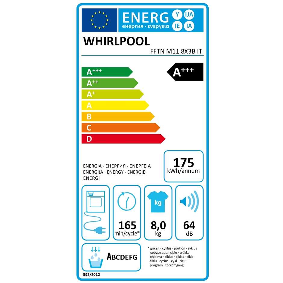 Whirlpool FFTNM118X3 Asciugatrici Pompa di calore Capacità 8 Kg Classe A+++ Colore Bianco