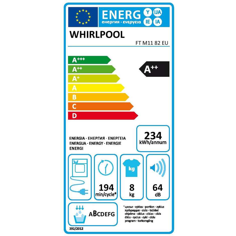 Whirlpool FT M11 82 EU asciugatrice a pompa di calore 8 Kg classe A++ colore bianco