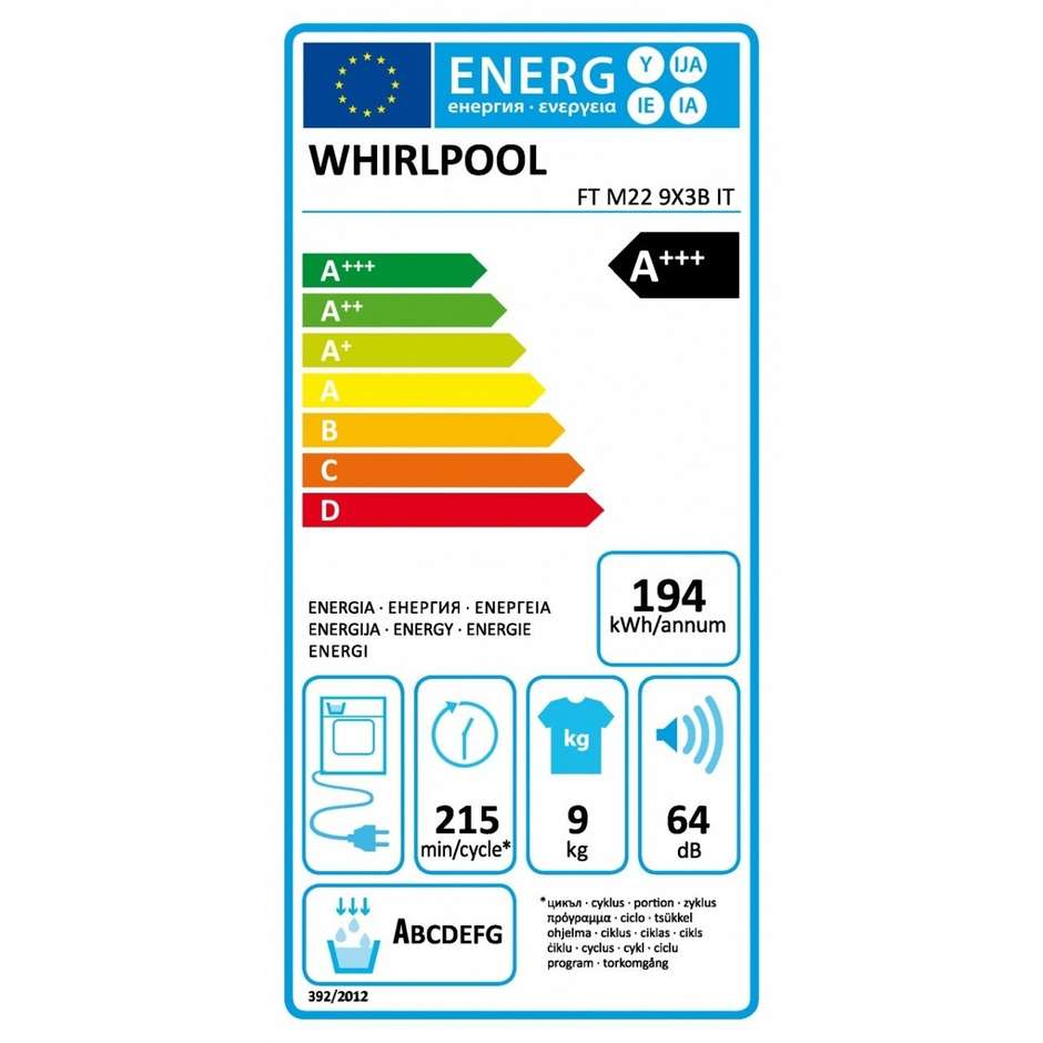Whirlpool FTM229X3BI Asciugatrice a pompa di calore Capacità 9 Kg Classe A+++ colore bianco