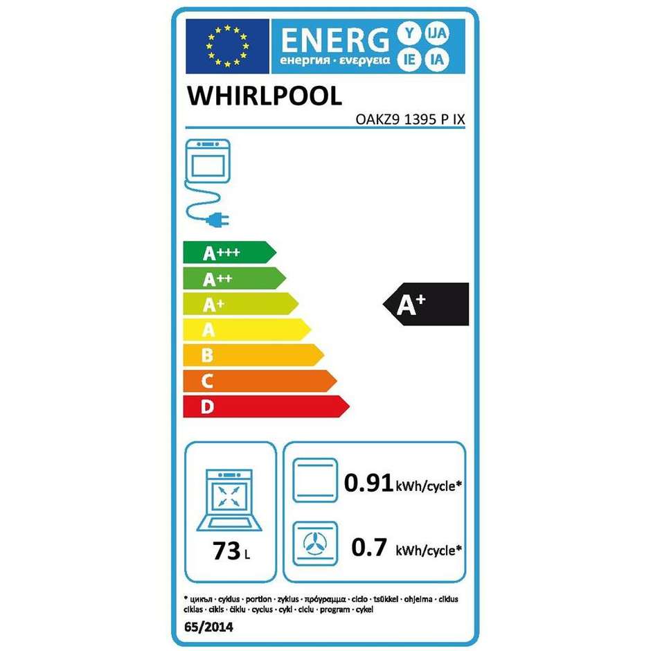 Whirlpool OAKZ9 1395 P IX forno elettrico multifunzione da incasso 73 litri classe A+ Autopulente colore inox