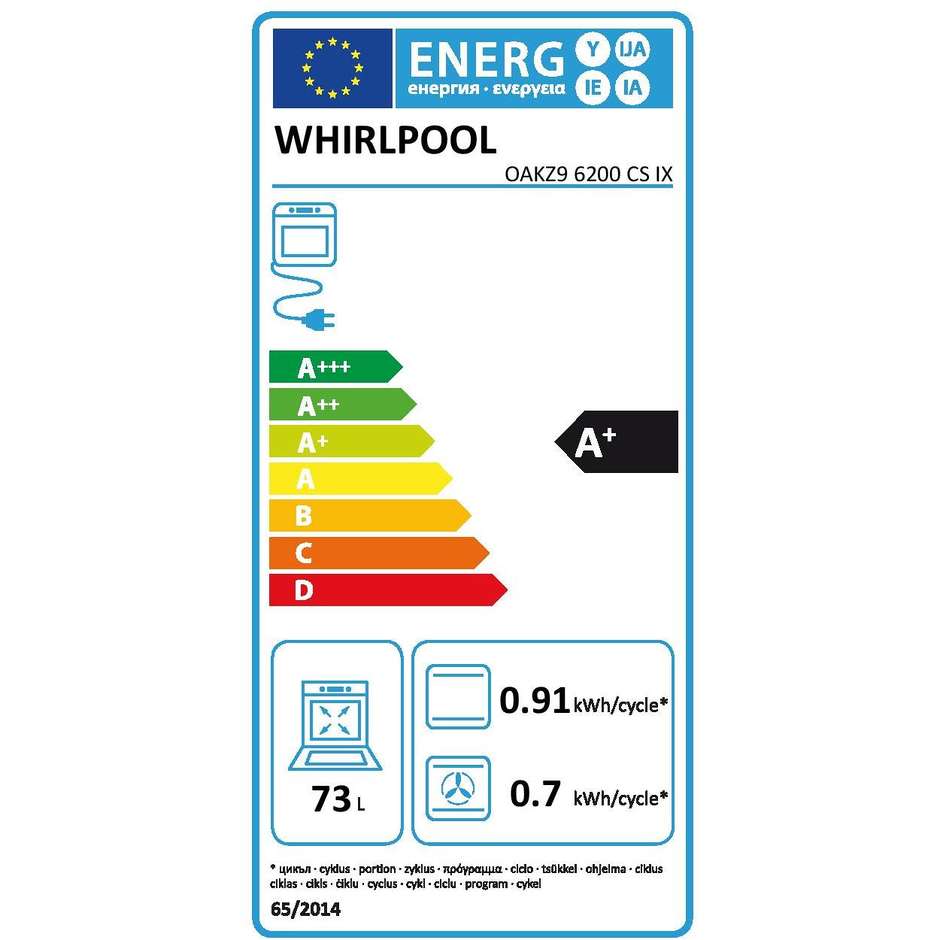 WHIRLPOOL OAKZ9 6200 CS IX Forno da Incasso Multifunzione 73 L Classe A+ Idrolitico Vapor Clean Acciaio Inox