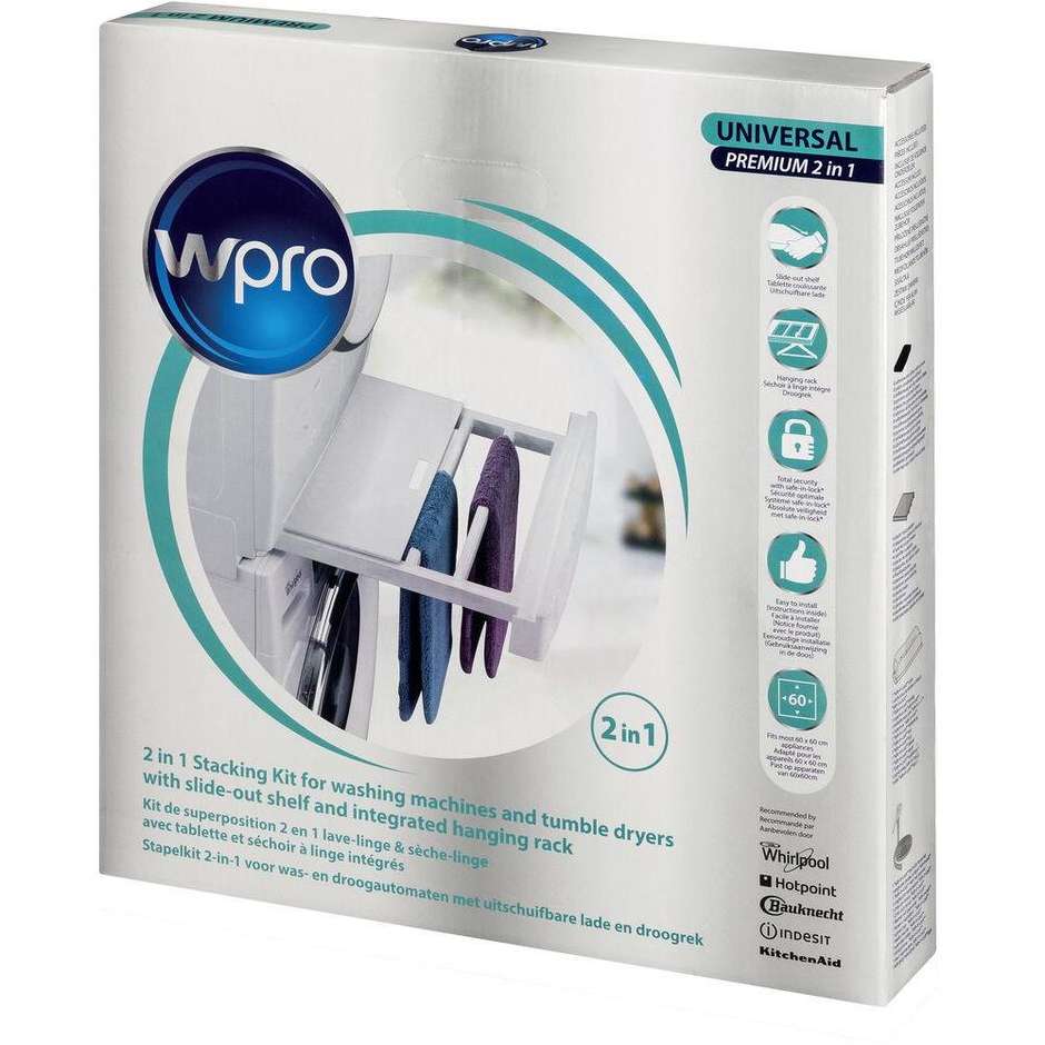 Whirlpool SKP101 Kit di giunzione universale lavatrice e asciugatrice con ripiano estraibile e stendibiancheria colore Bianco