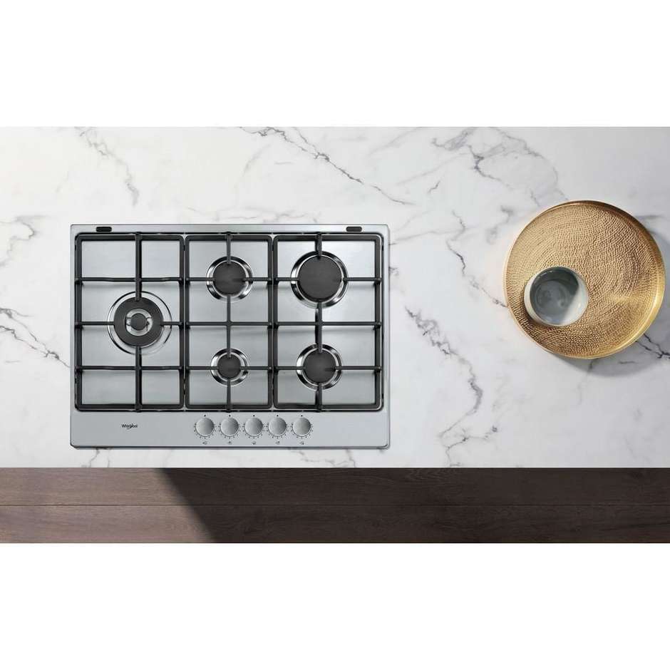 Whirlpool TGML 761 IX Piano Cottura a Gas 75 cm 5 Fuochi con Bruciatore Wok 3500W Inox Griglie Ghisa Incasso 60 cm