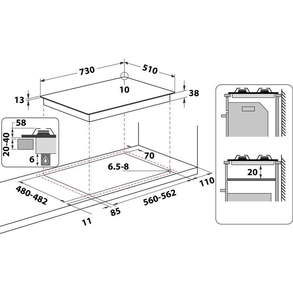 Whirlpool TGML 761 IX Piano Cottura a Gas 75 cm 5 Fuochi con Bruciatore Wok 3500W Inox Griglie Ghisa Incasso 60 cm