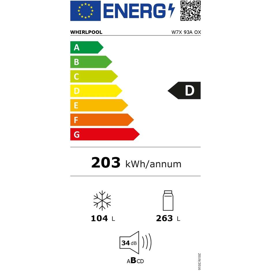 Whirlpool W Collection W7X 93A OX Frigorifero Combinato Total No Frost Zen Inverter 367 L Classe D Inox