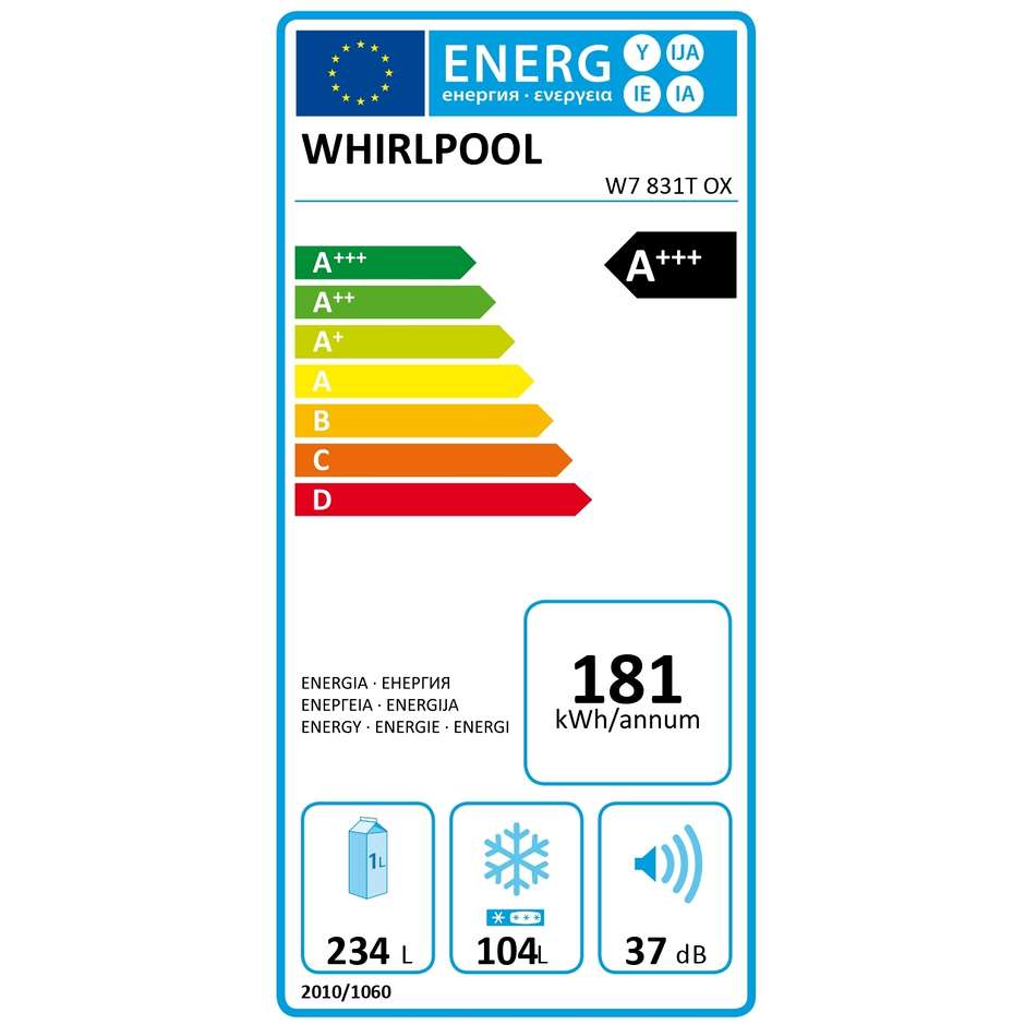Whirlpool W7831TOX Frigorifero combinato 338 Litri Classe A+++ Total No Frost colore Acciaio Inox
