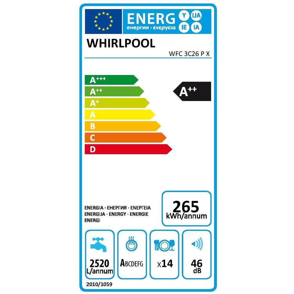 Whirlpool WFC 3C26 P X lavastoviglie 14 coperti 8 programmi classe A++ colore inox