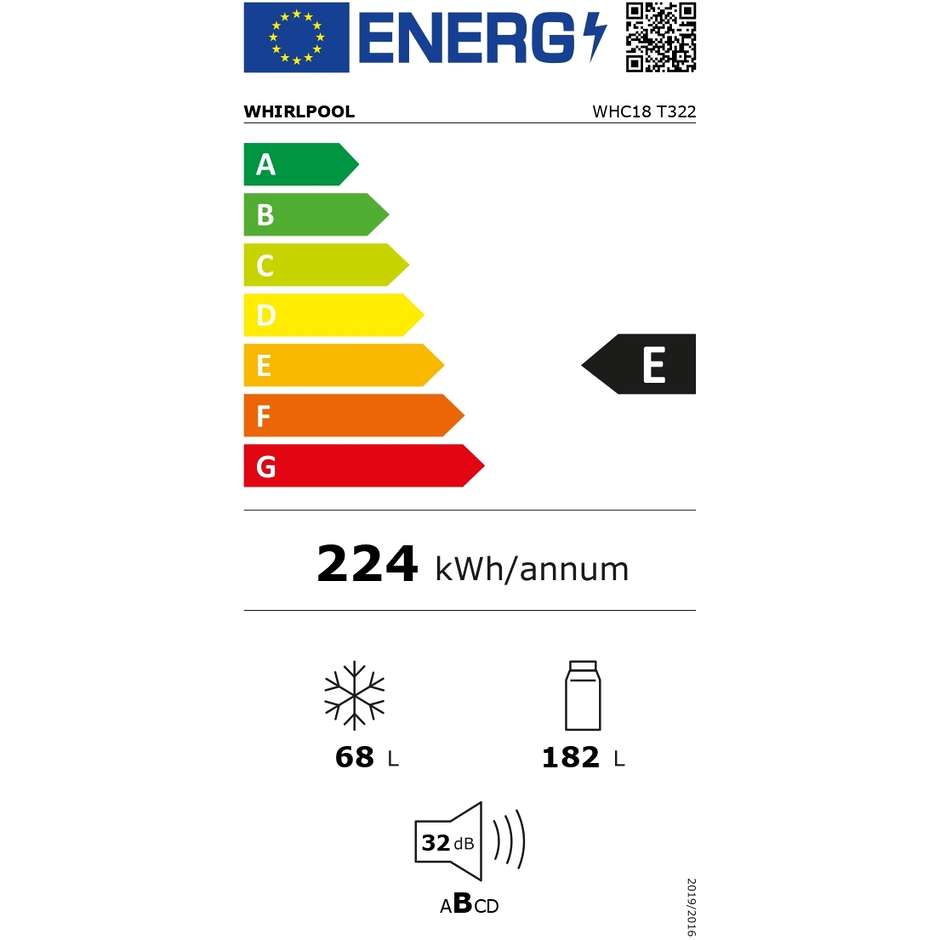 Whirlpool WHC18T332 Frigorifero Combinato da incasso Capacità 250 Lt Classe E No Frost Colore Bianco