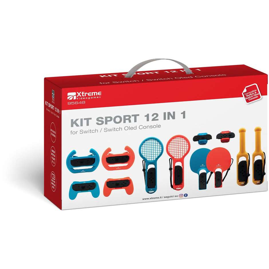 Xtreme 95648 Kit Sport 12 in 1 Accessori per Nintendo Switch e Switch OLED Family Pack Racchette Mazze da Golf Cinghie Gamba e Laccetti Rosso e Blu