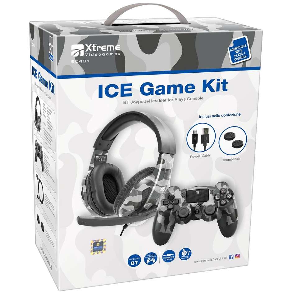 Xtreme Ice Game Kit Controller wireless camouflage per PS4 + Cuffie gaming con microfono + Cavo USB + Thumb Grip
